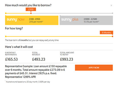 Sunny Loans homepage